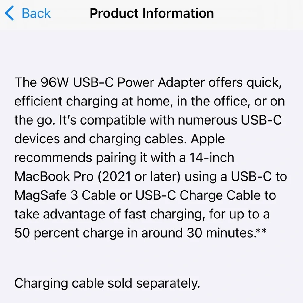 NWT - Apple USB-C 96W Power Adapter